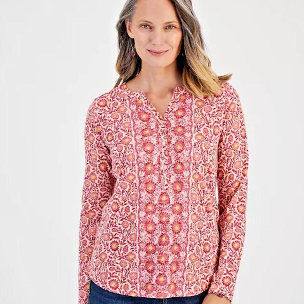Style & Co Blouse Women's XXL Pink Red Cottage Floral Henley V-Neck Long Sleeve